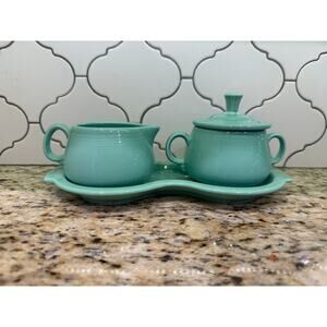 Vintage Fiesta creamer and sugar bowl-"figure-eight" tray, retired Sea Mist